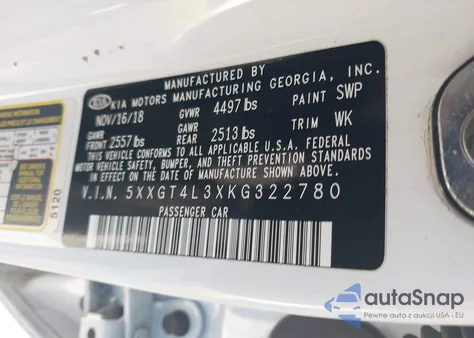 2019 Kia Optima Lx from USA, damaged, VIN 5XXGT4L3XKG322780